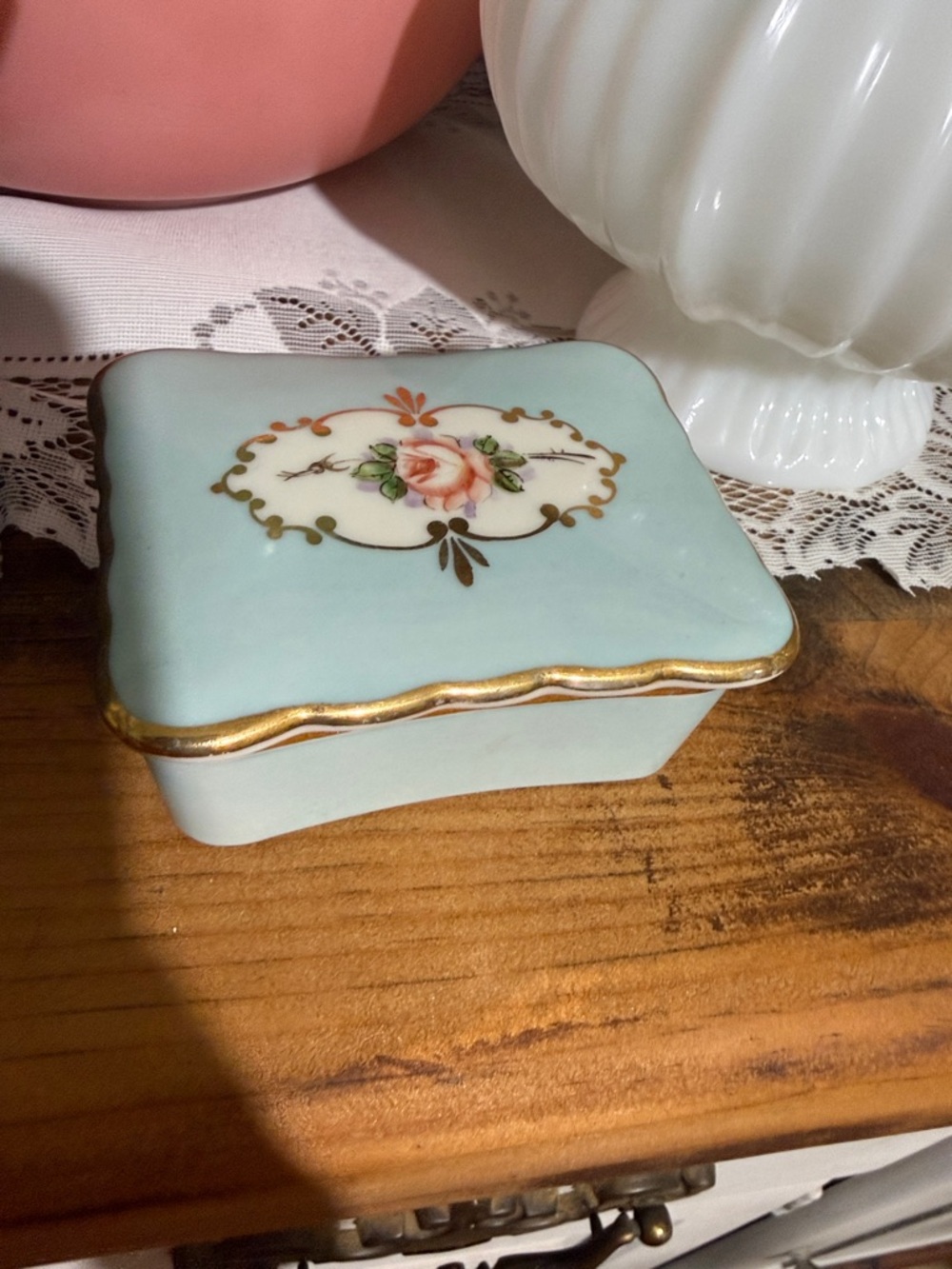 Porcelain Trinket Box with Pink Rose and Gold Trim rare robin egg blue